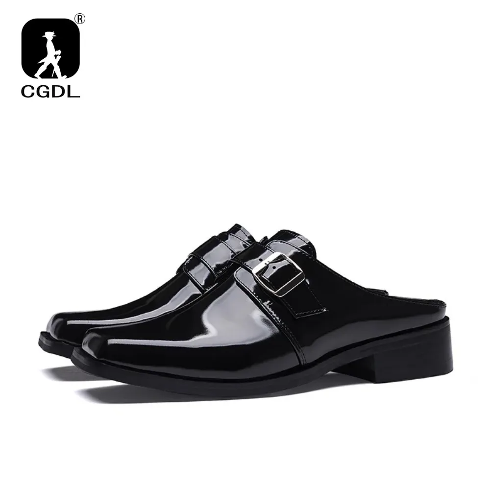 Luxury Patent Leather Mens Half Shoes Slippers 2024 Summer New Designer Black Genuine Leather Man Casual Party Business Shoes