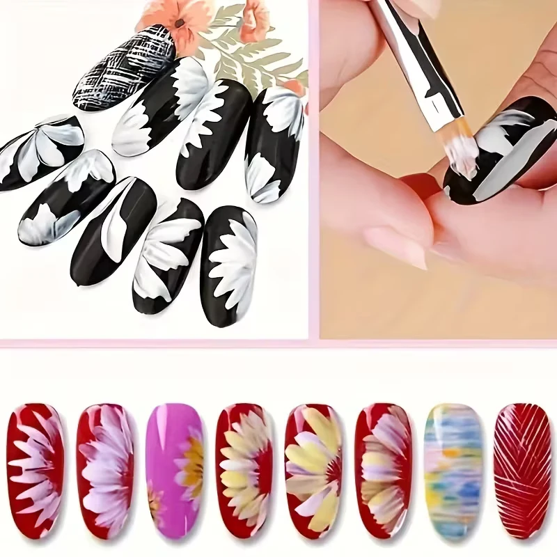 Nail Art Pen Set, 8-Piece, Featuring Petal-Shaped Pens with Serrated Edges, Double-Layer Gradient Nail Art Brushes, and Floral P