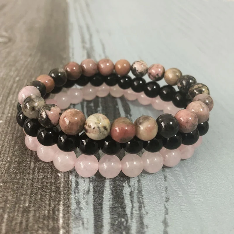 

3Pcs 8mm rhodonite Gemstone Pink crystal Mala energy Bracelet Unique Cuff Jewelry Lovers Chain Unisex Men