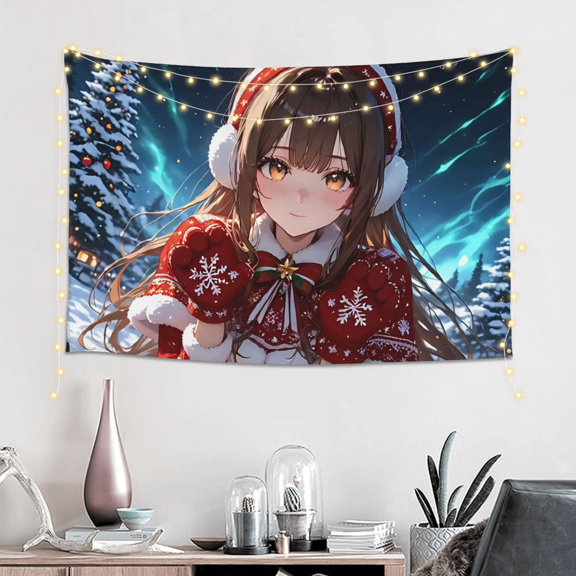 Anime Girl Winter Christmas Customized Tapestry  Wall Hanging Blanket Tapestry Home Decor Items Wall Decorations