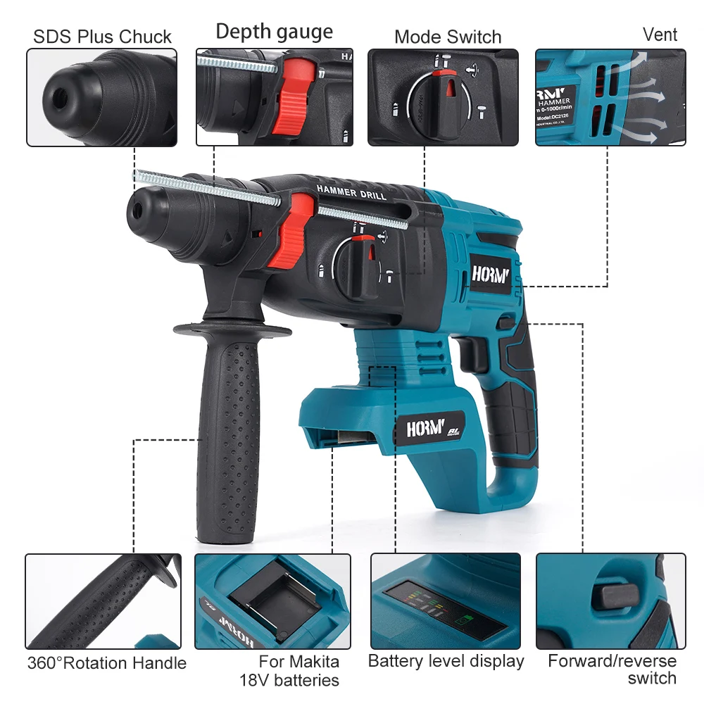 Hormy Brushless Electric Hammer Cordless Impact Drill Multi-function Rotary Hammer Concrete Electric Pick For Makita 18V Battery