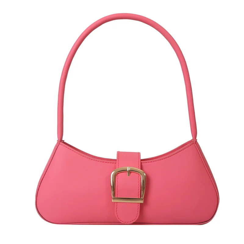 French  Underarm Bag Women's Fashion PU Leather Single Shoulder Bag Casual Commute Handbag with Gold Buckle