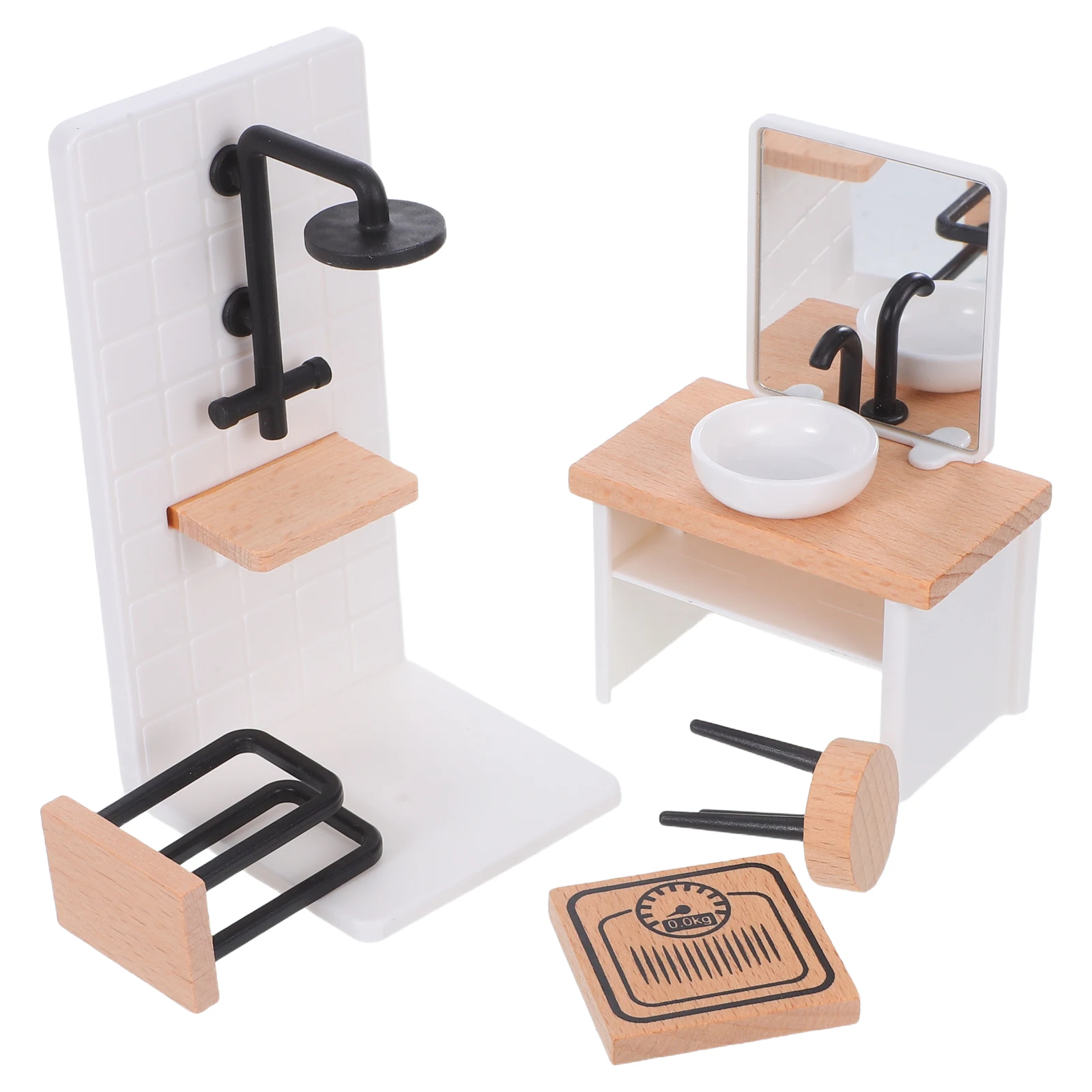 

1Set Miniature Bathroom Furniture Set Realistic 1:12 Scale Sink Basin Shower Room Dressing Stool Towel Rack Dollhouse