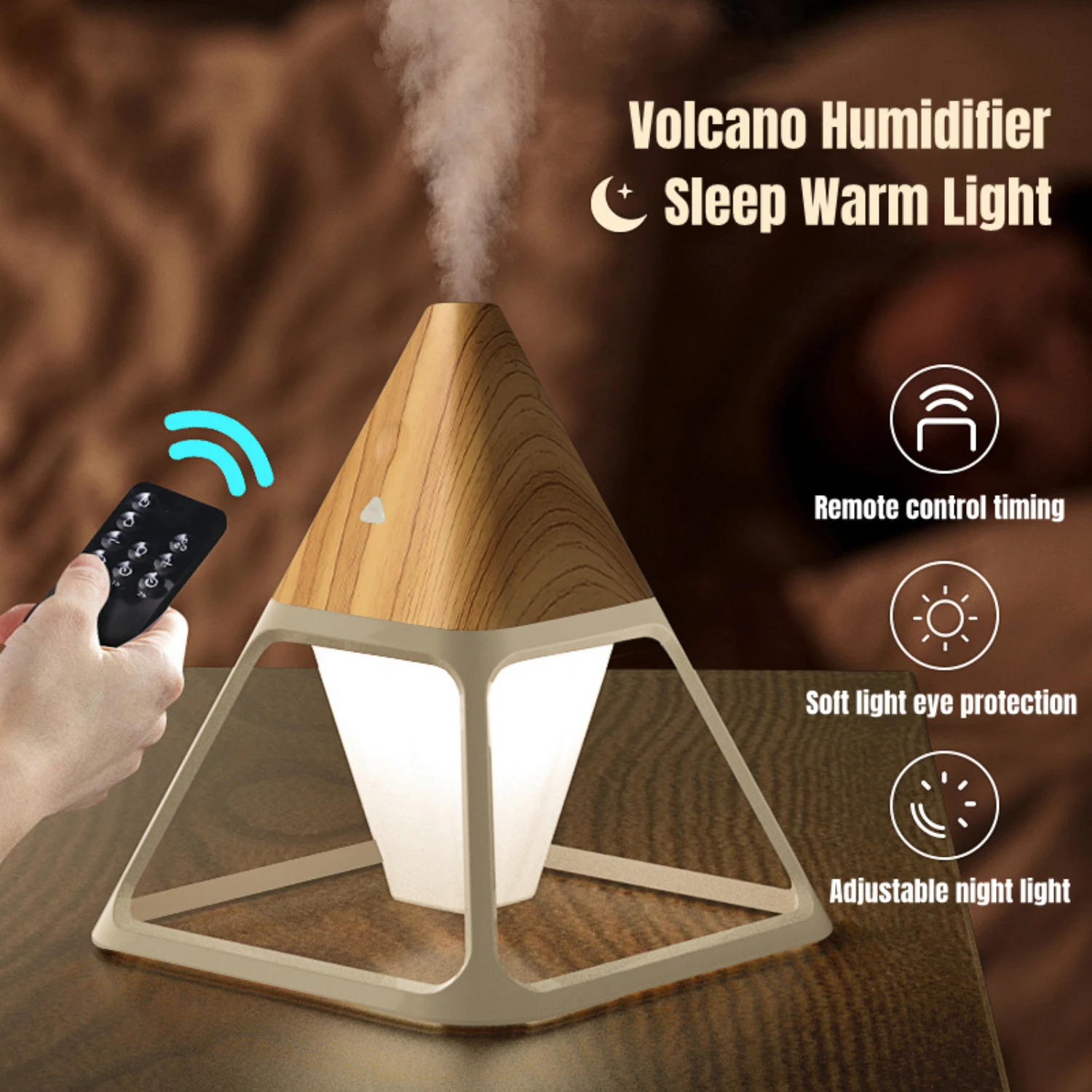 

NEW Remote Control Wood Grain USB Volcano Pyramid Air Humidifier - Aromatherapy Essential Oil Diffuser and Warm Lamp Difusor for