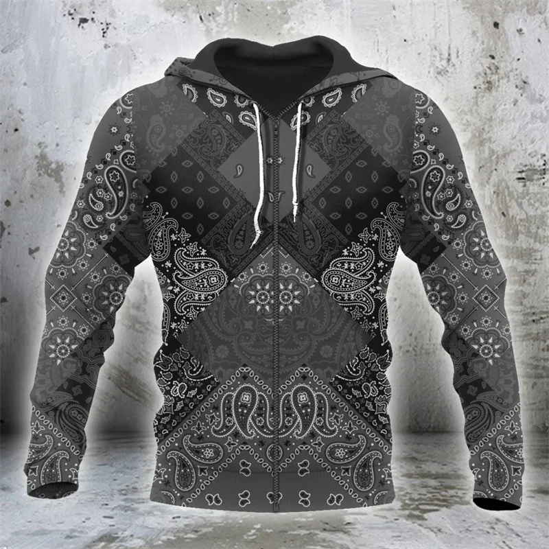 Sweat à capuche imprimé 3D Paisley avec nom personnalisé, pulls streetwear décontractés, sweats à capuche avec fermeture éclair, tissu bandana, fouling, patchwork, tendance de la mode