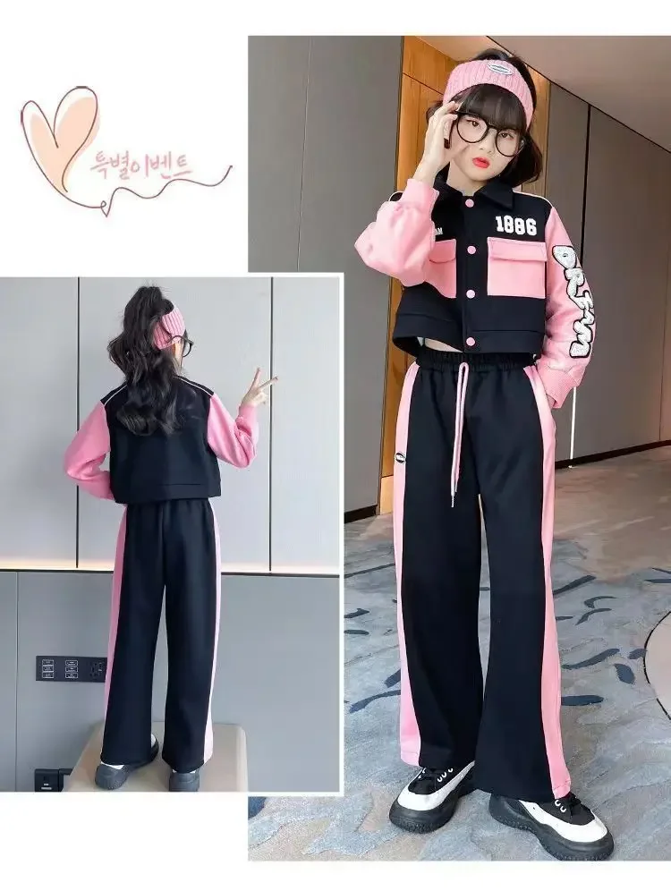 طقم معطف بأكمام طويلة وبنطال واسع للفتيات ، ملابس أطفال ، ملابس فتيات مراهقات ، رياضة ، موضة جديدة ، 2 في الخريف ، 6 ، 8 ، 10 ، 12 ، 14 سنة ،