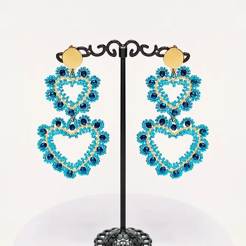 Rice bead earrings Heart-shaped Double-deck Crystal Originality Blue. Hand knitting Bohemia Alloy Fashion Simple Beaded earrings