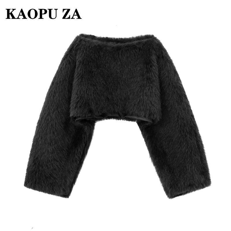 KAOPU ZA 2024 Autumn Lady Fashion Faux Fur Pullover Streetwear Woman's Long Sleeve slash neck Collar Jumper Keep warm Outerwear