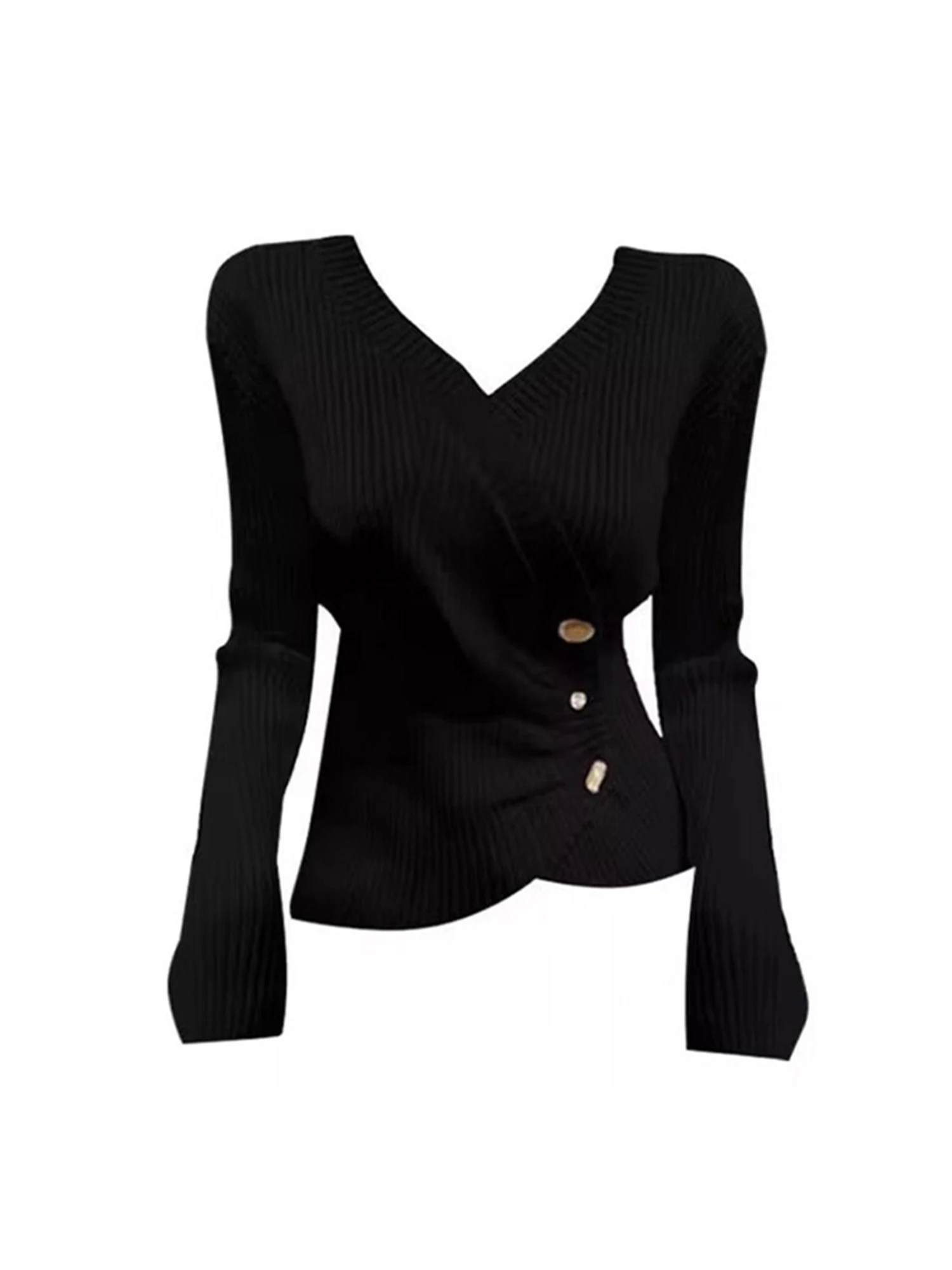 

Women Black Gothic V-Neck Knitwear Pullover Long Sleeve Knit Sweater Vintage Emo 2000s Autumn Asymmetrical Sweater Clothes 2025