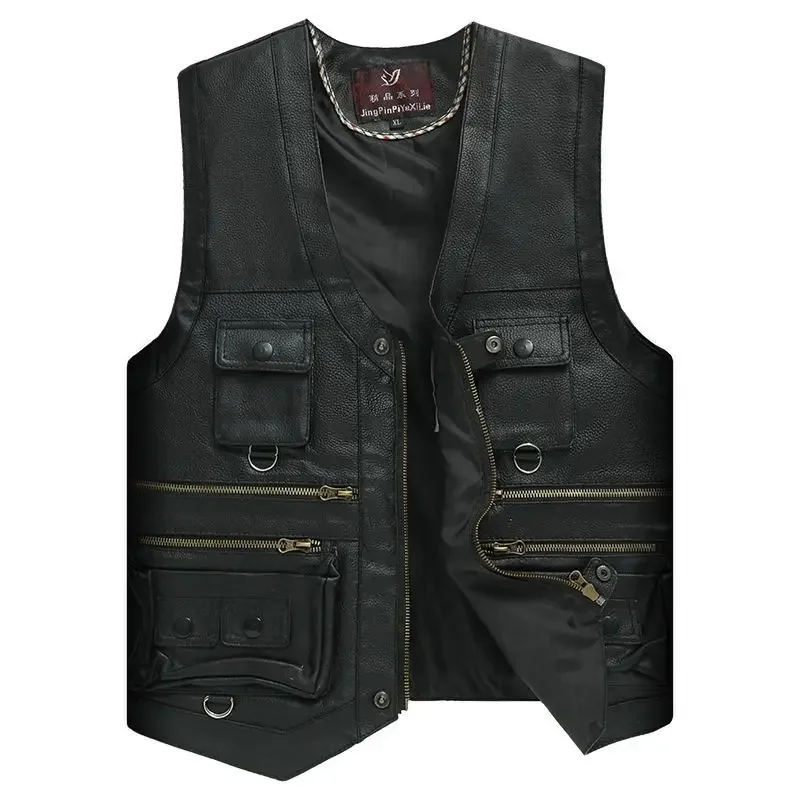 2025 Cowhide Genuine Leather Man Vest Waistcoat Male clothing Jacket Thick Motorcycle Multi Pocket leather biker Men safety vest