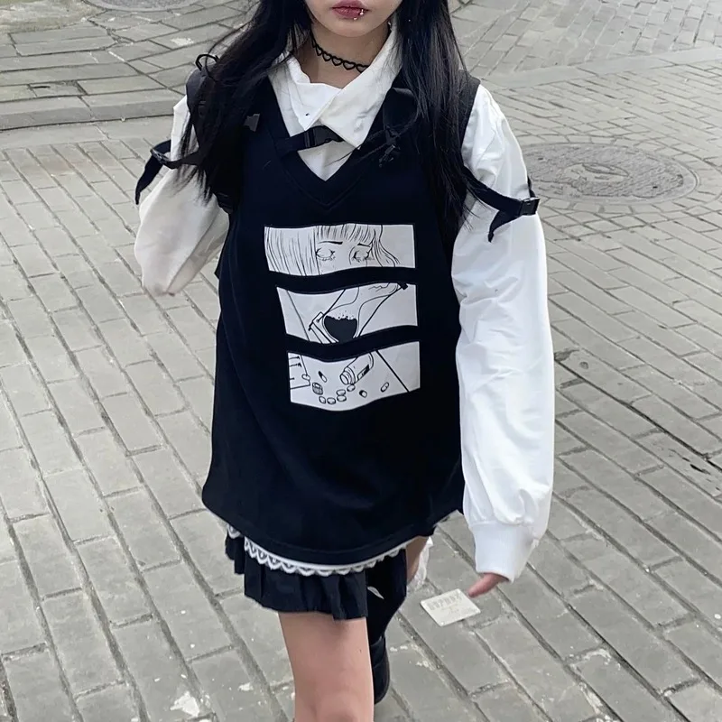 Gothic Anime Sweatshirts Women Oversize Harajuku Japanese Style Cartoon Long Sleeve Tshirts Y2K Alt Top 2000s Aesthetic