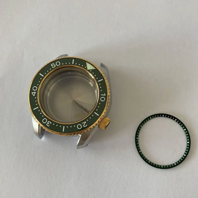 Watch Modify Parts 42mm Stainless Steel SBDX MM300 Watch Case Golden Bezel Green Ceramic Insert Suitable For NH35/36 Movement