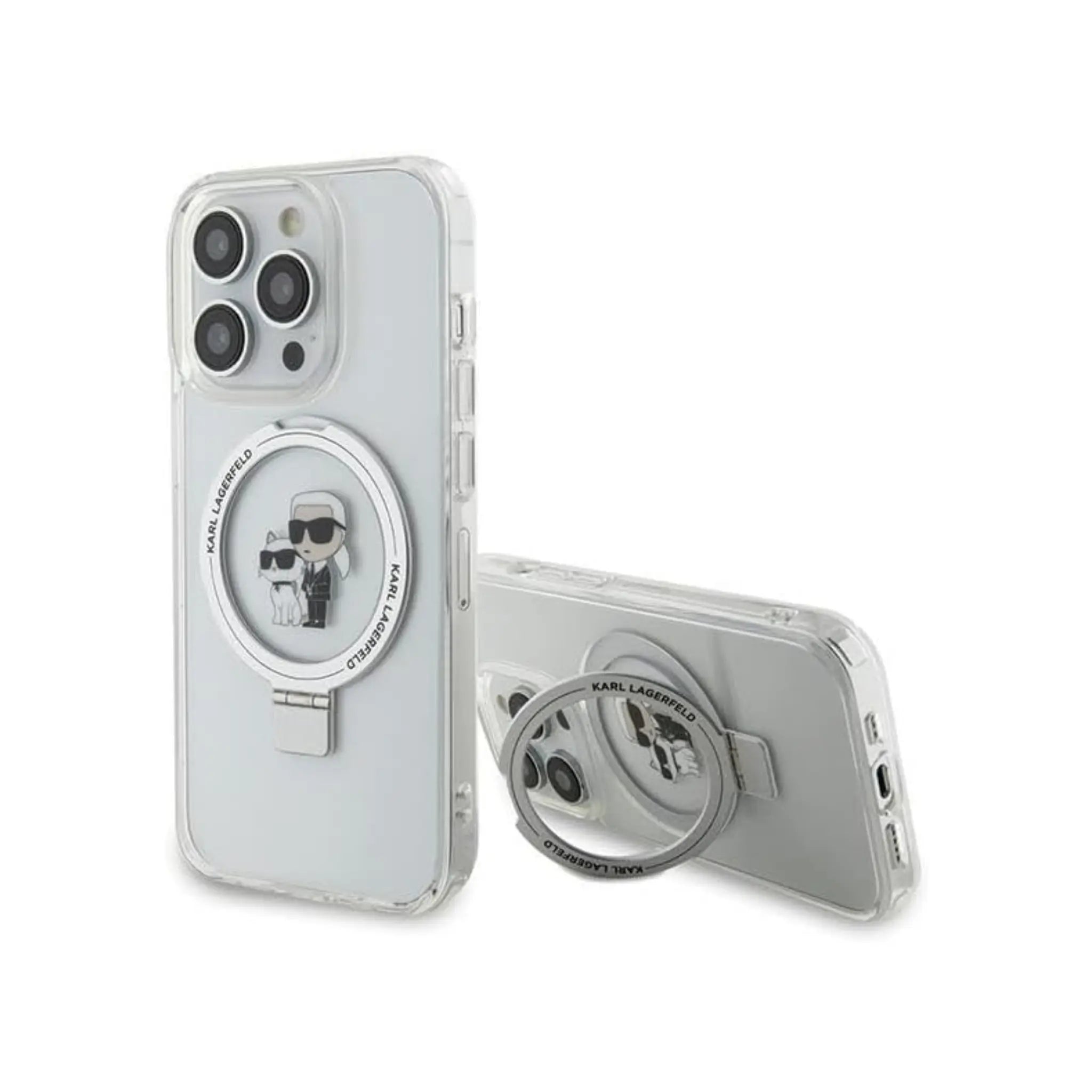 Etui Karl Lagerfeld z pierścieniem i podstawką, model Karl & Choupette, kompatybilne z MagSafe, białe – do iPhone 14 Pro.