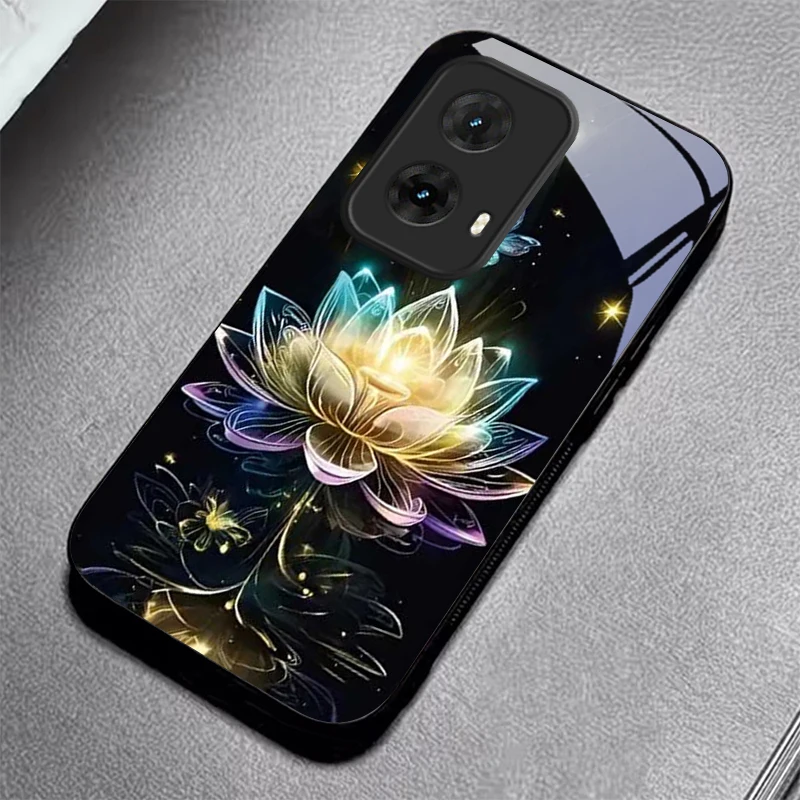 Crystal Lotus Art Black Glass Phone Case For Motorola Moto G14/G22/G24Power/G24/G34/G35/G45/G54/55/G75/G84/85 Hard Black Cover view 4