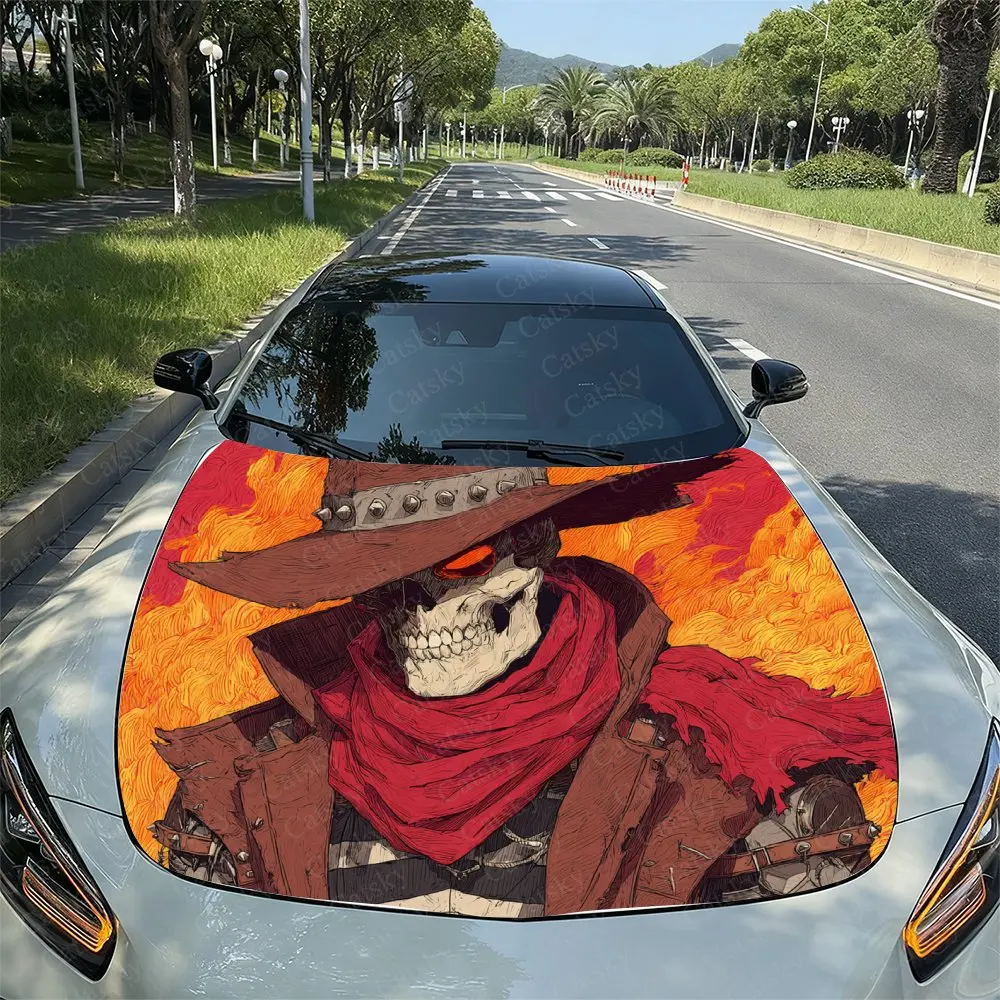 

Packaging For A Car Cover Cowboy Flame Skull Design Made From High-Quality Vinyl Decals