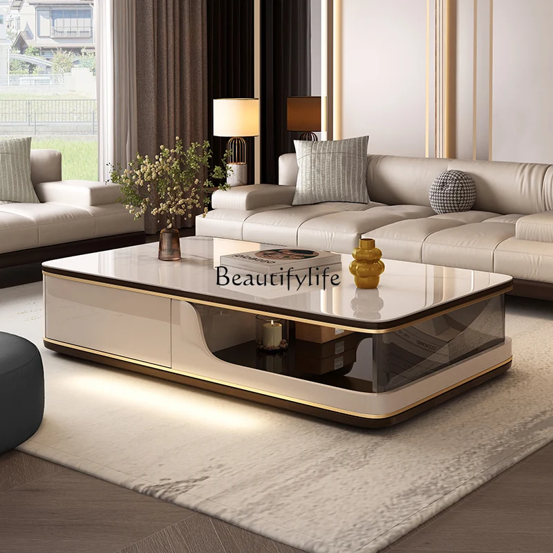 Coffee Table Light Luxury Stone Plate Glass Surface Advanced Design Hollow Tea Table