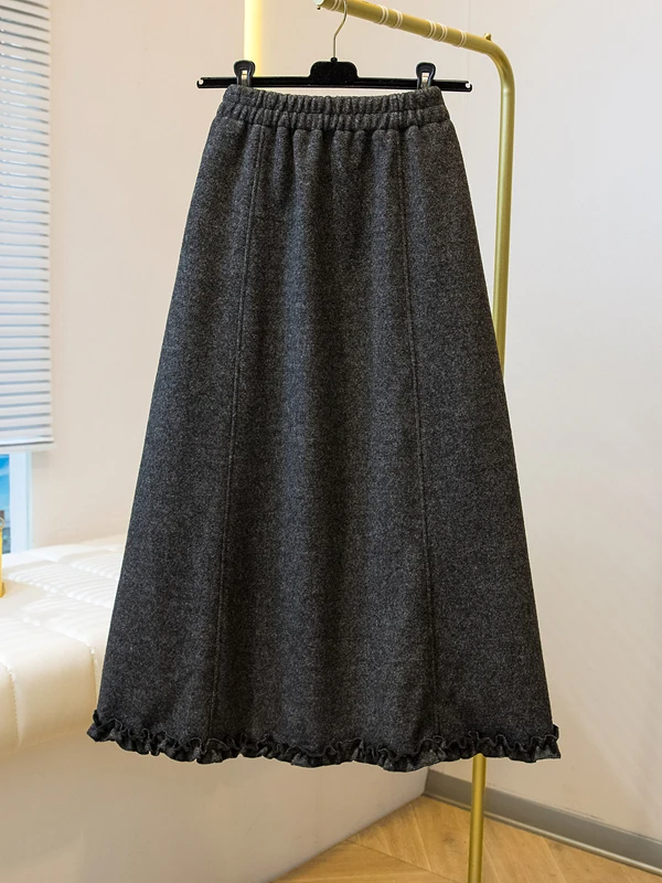 High Waist Thickened Fleece A-Line Long Skirt Women's Full Body Flounce Design Spring Autumn plus Size Slimming Hip Covering