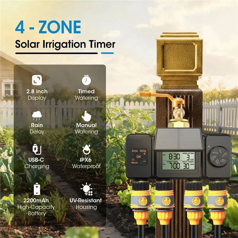 ABBO-BSP3/4 Compatible Solar Powered Irrigation Timer 4 Zone Automatic For Garden Outdoor Tap Valve Control System Smart