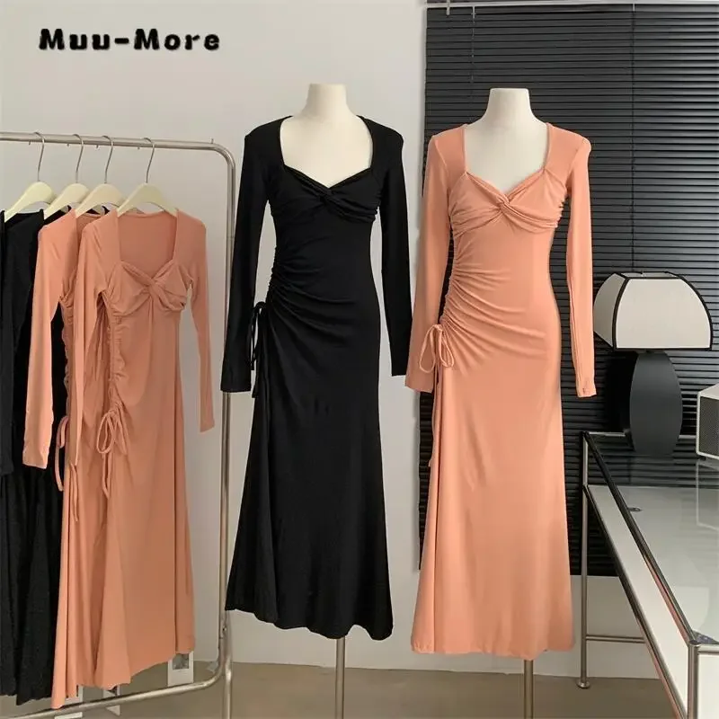 

2023 Winter Chic Sexy Long Sleeve V-neck Midi Dresses Women's Causal Solid Color Elegant High Waist Lace-up Hotsweet Dress