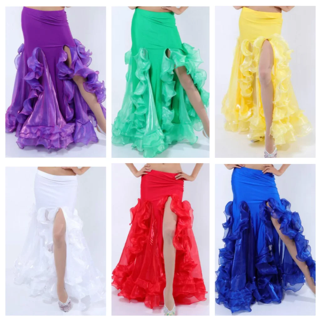 

Sexy Women Bellydance costume Long Ruffle carnaval Skirt Side Slit Purple Red White Blue Pink Solid Color Dancing Performance Cl