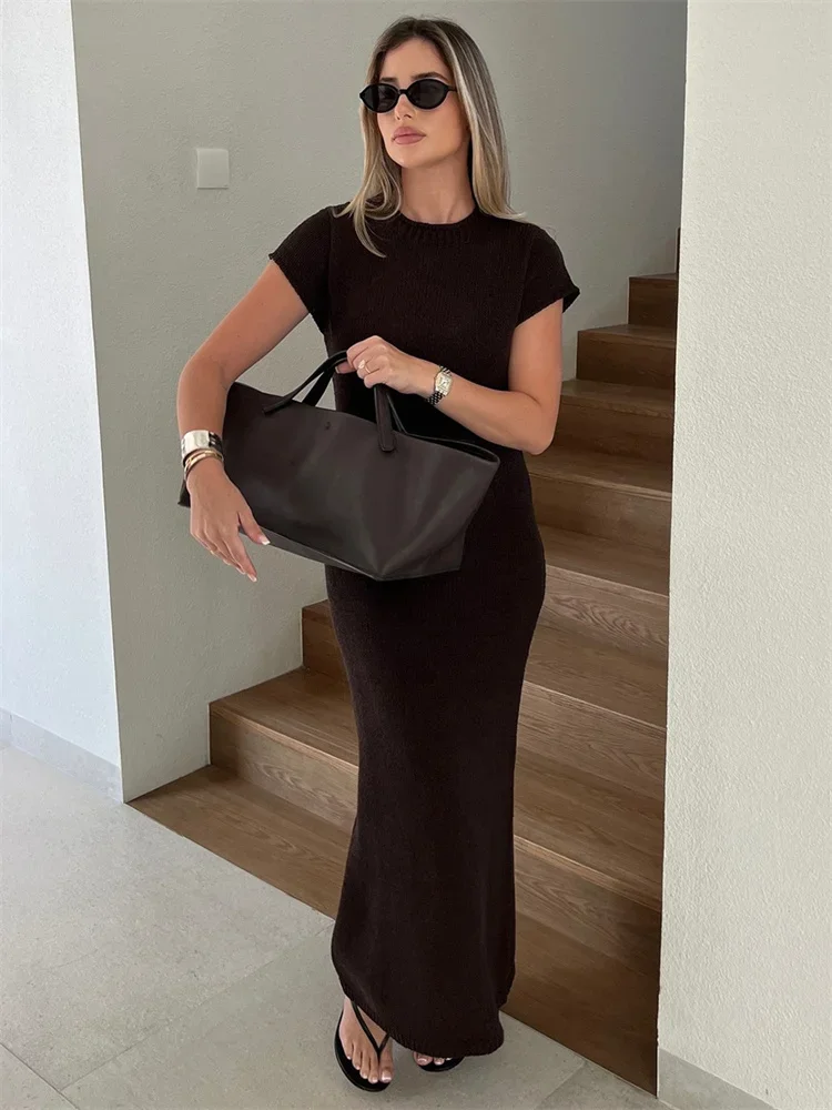 

Knitwear Slim Female Long Dress Short Sleeve High Waist Solid Elegant Commute Patchwork Spring Clothes Women's Maxi Dress