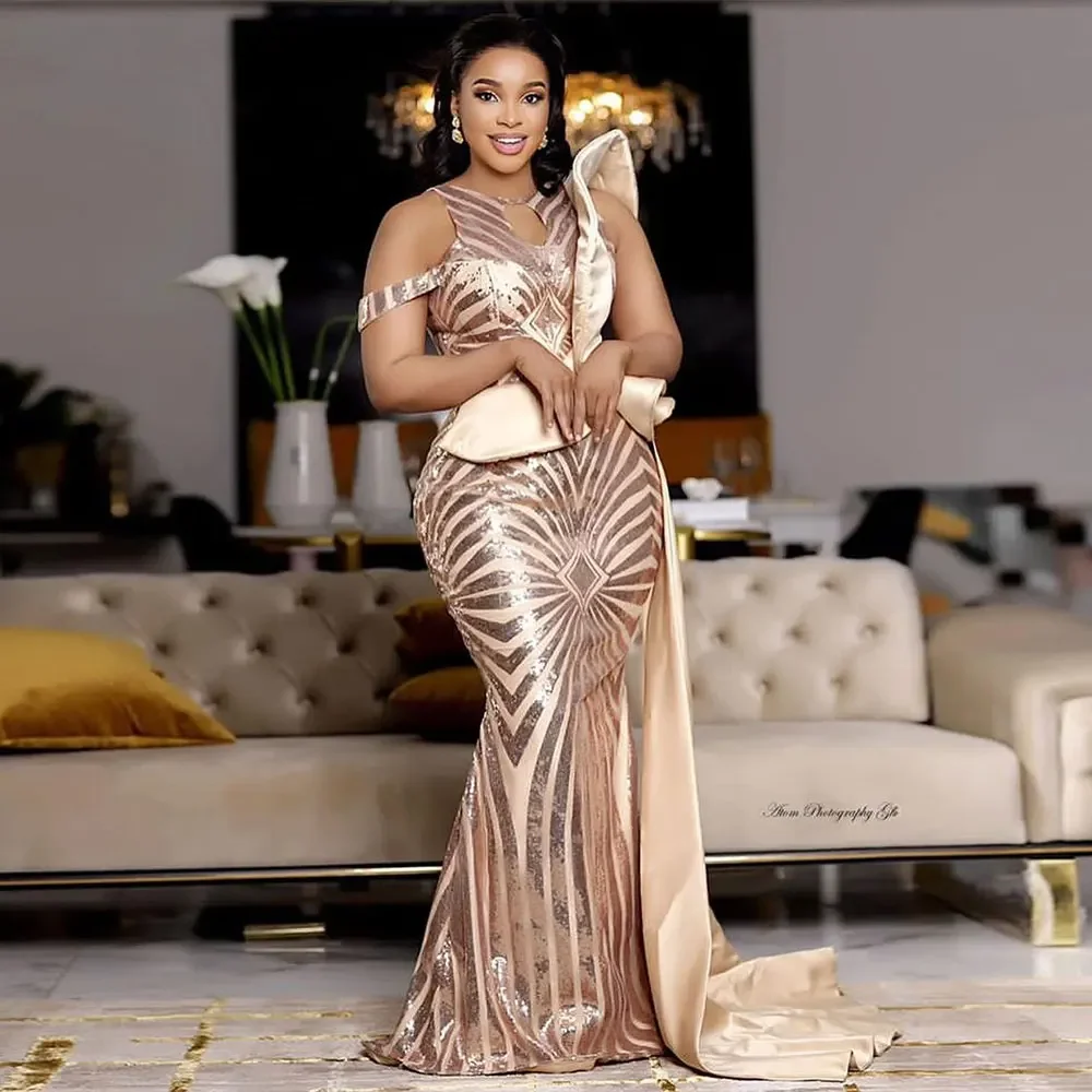 

Champagne Mermaid Prom Dresses Arabic Aso Ebi Evening Formal Party Second Reception Engagement Bridesmaid Gown Customized