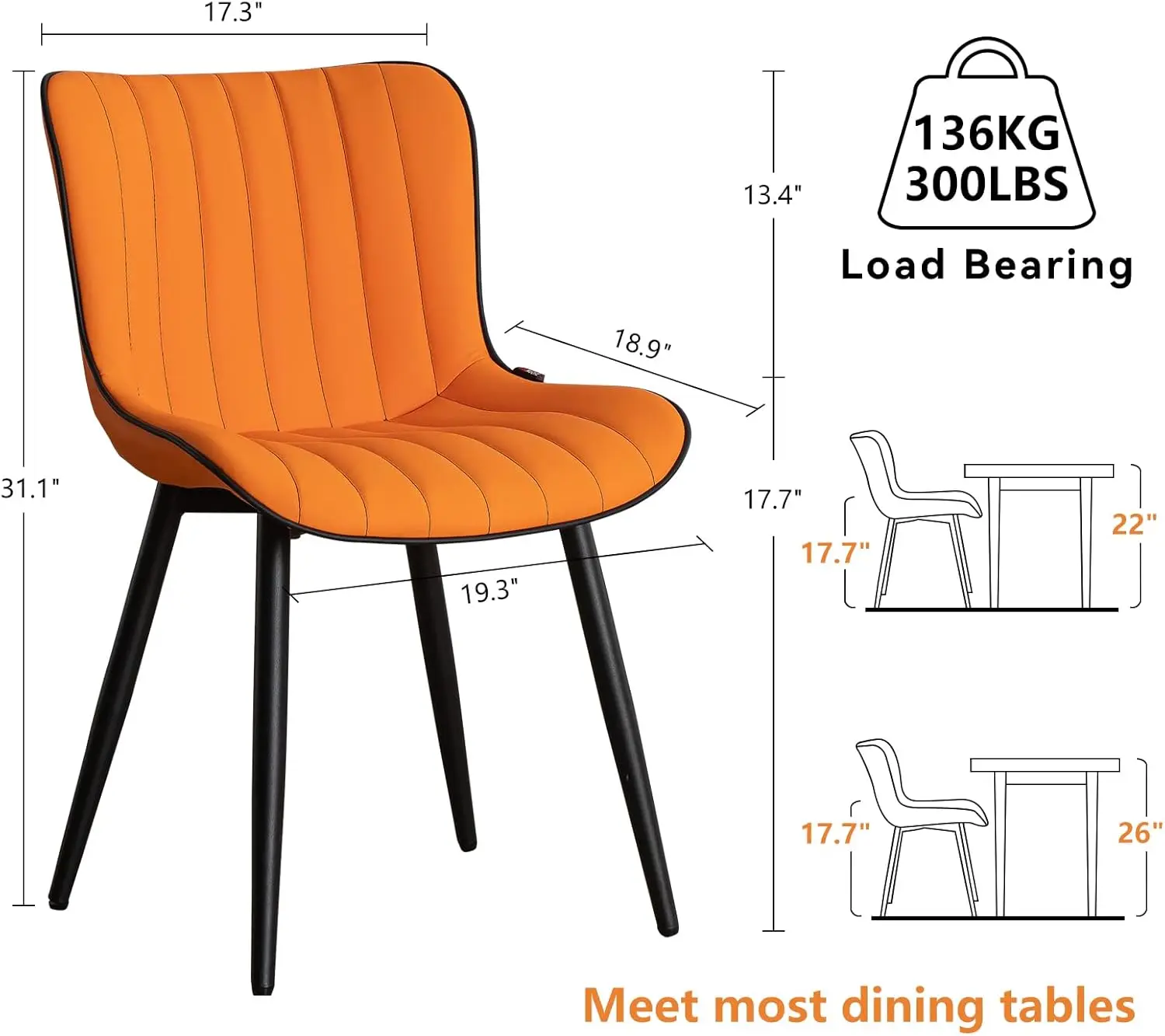 Orange Dining Chairs Set of 2 Upholstered Mid Century Modern Kitchen Chair Armless Faux Leather Accent Guest Side Chair