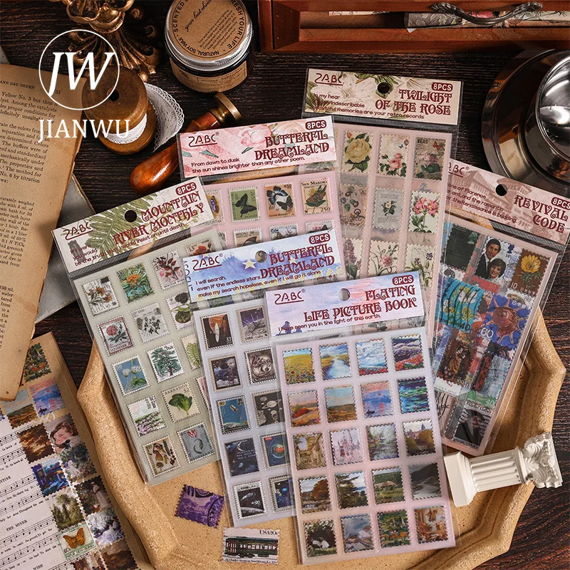 JIANWU 8 Sheets Misty Winter Berlin Series Vintage Stamp Material Collage PET Sticker Creative DIY Journal Stationery