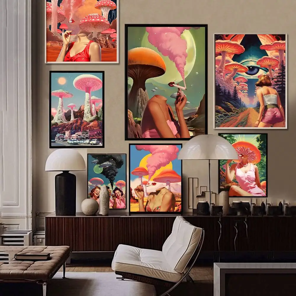 Retro Woman Smoke Surreal Mushroom Psychedelic Anime Posters Sticky HD Quality Wall Art Retro Posters For Home Kawaii Room Decor