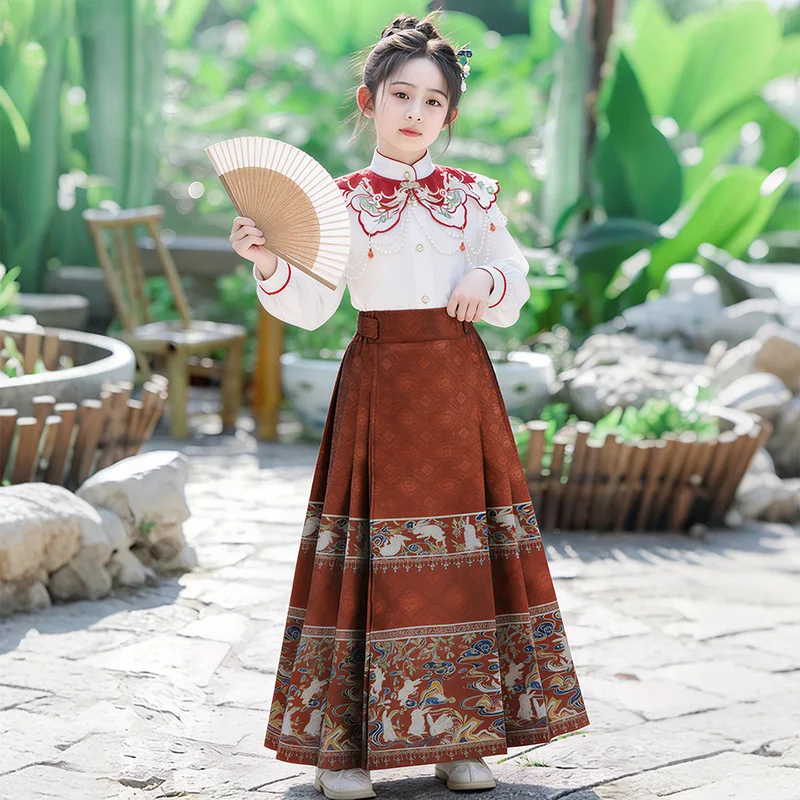 Children Horse Face Skirt Set Elastic Waist Spring Princess Skirt Spring Summer Girls Chinese Style Two Piece Set