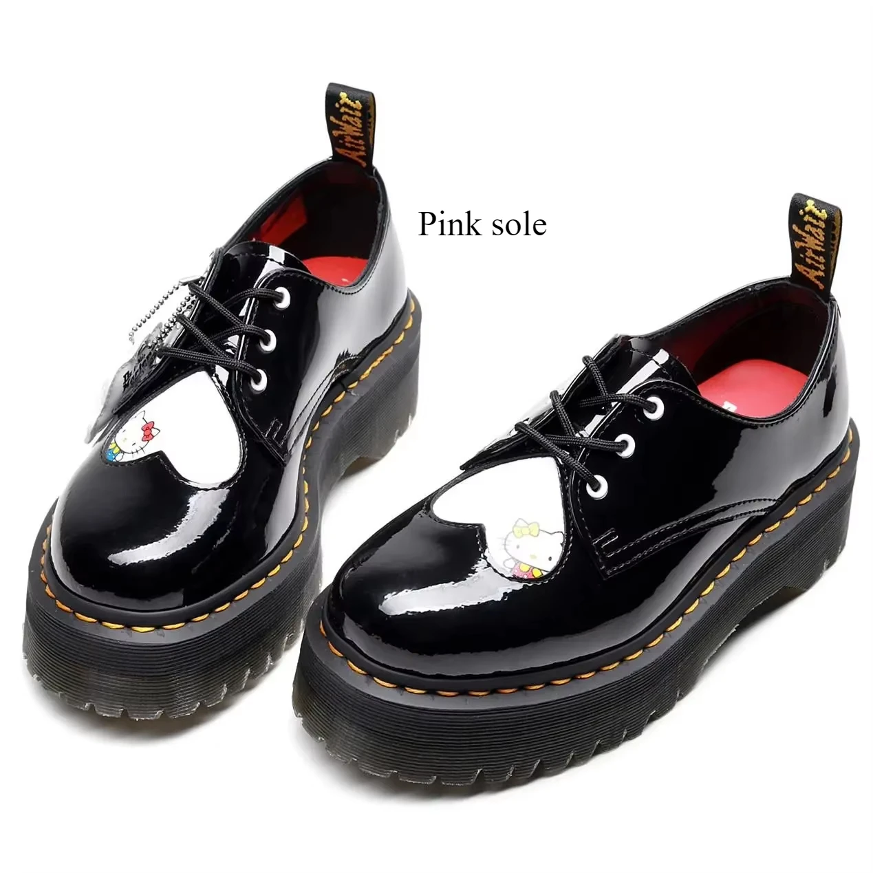 Hello Kitty Leather Shoe Miniso Jointly-designed Heart Splice Thick Bottom Martin Shoes New Waterproof Wear-resist Fashion Shoe