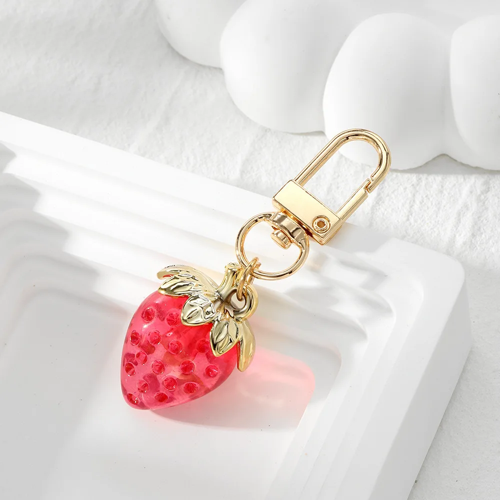 2pcs Transparent Strawberry Keychain Cute Acrylic Fruit Pendant Keyring Mobile Phone Bag Charm For Women Car Key Chains DIY