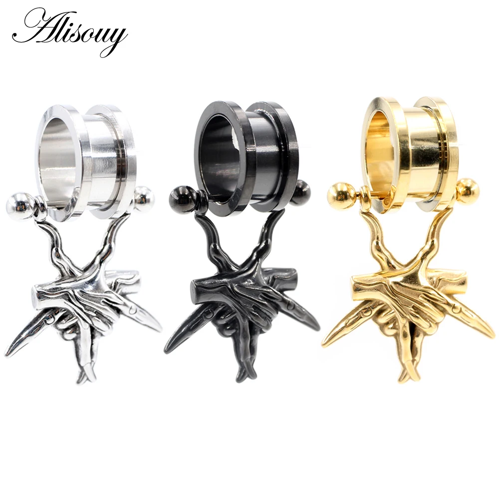 Alisouy 1PC 6-25mm Stainless Steel Ghost Hand Pendant Ear Tunnels Plugs Flesh Expanders Stretchers Gauges Piercing Body Jewelry