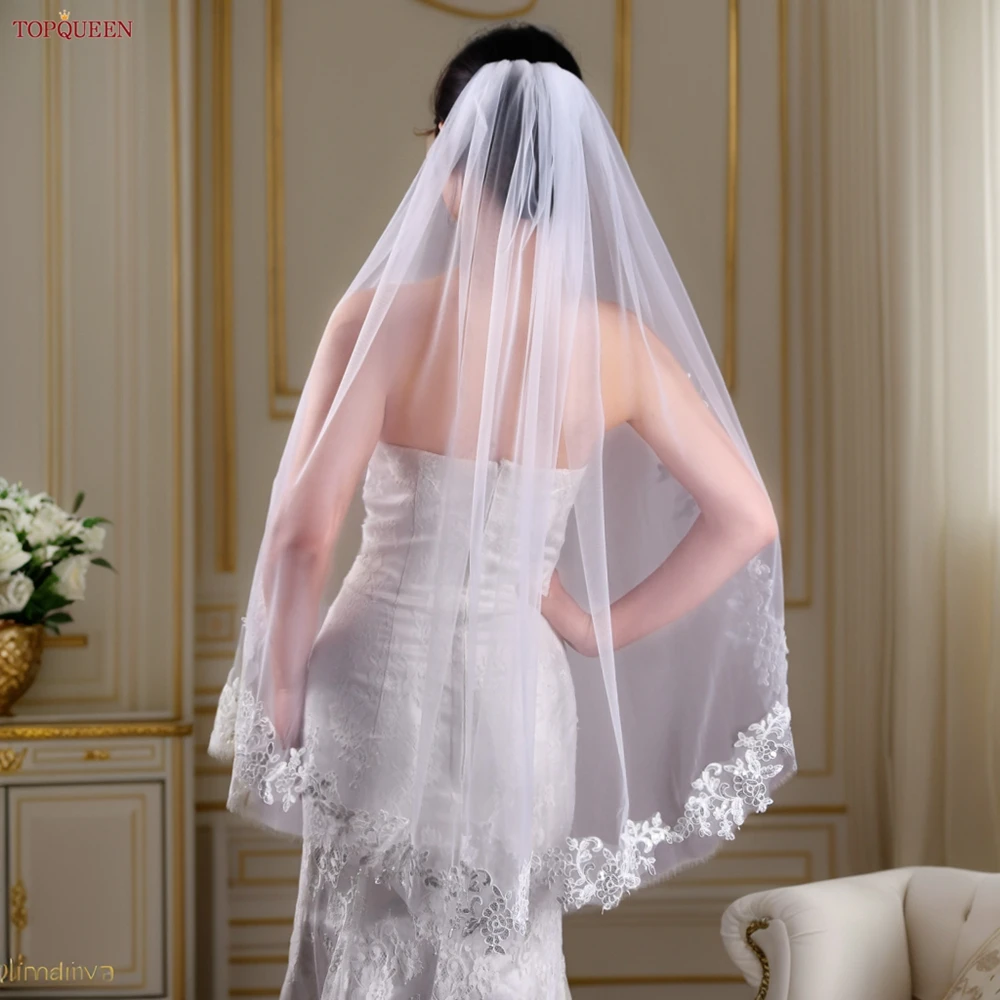 TOPQUEEN V47 Handmade Lace Bridal Veil With Comb, Tulle Fan-Shaped Lace, Cathedral Wedding Veil, High Quality