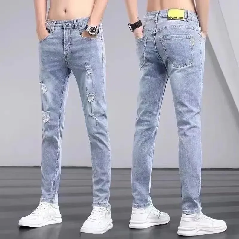 

Men's Casual Straight Leg Jeans High Waist Skinny Jeans Summer New Sle Trendy Ripped Denim Pants Loose Fit Light Blue Jeans