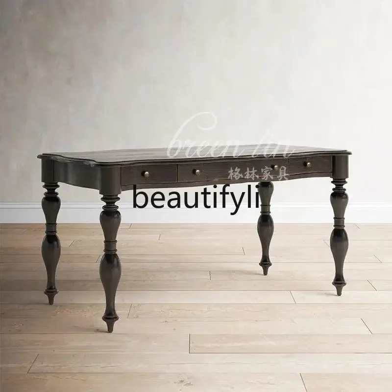 

French retro Roman column solid wood desk design light luxury writing desk engraving desk6239