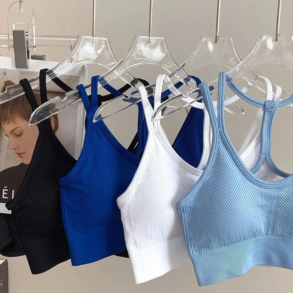 Nahtloses, dehnbares, rückenfreies Sport-BH-Tanktop mit Spaghettiträgern für Damen – mit BH-Polstern für Yoga und Fitness – Detail 2