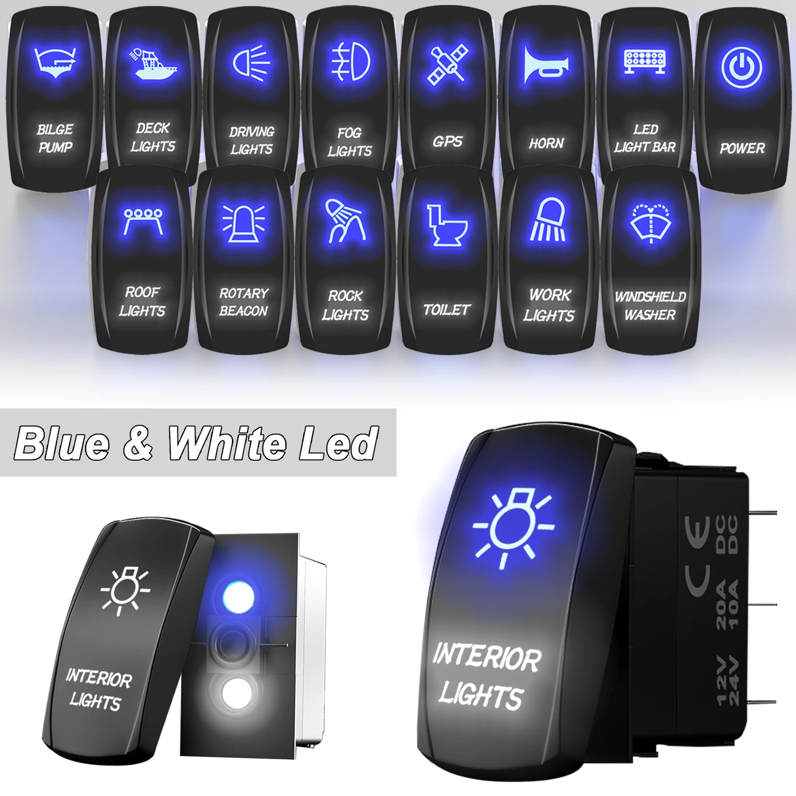 

5Pin Blue&White Led Rocker Switch Marine Grade Laser Eatched SPST Toggle Switch For Carling ARB NARVA Replace Car Boat