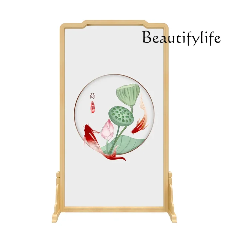 Modern screen partition solid wood living room entrance new Chinese lotus fabric tenon and mortise design can be customized