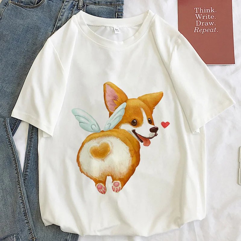 

Corgi Kawaii Graphic Print T-shirt Women Harajuku Aesthetic White Top Kpop Tshirt Tee 2023 New Summer Fashion Y2k Female T Shirt