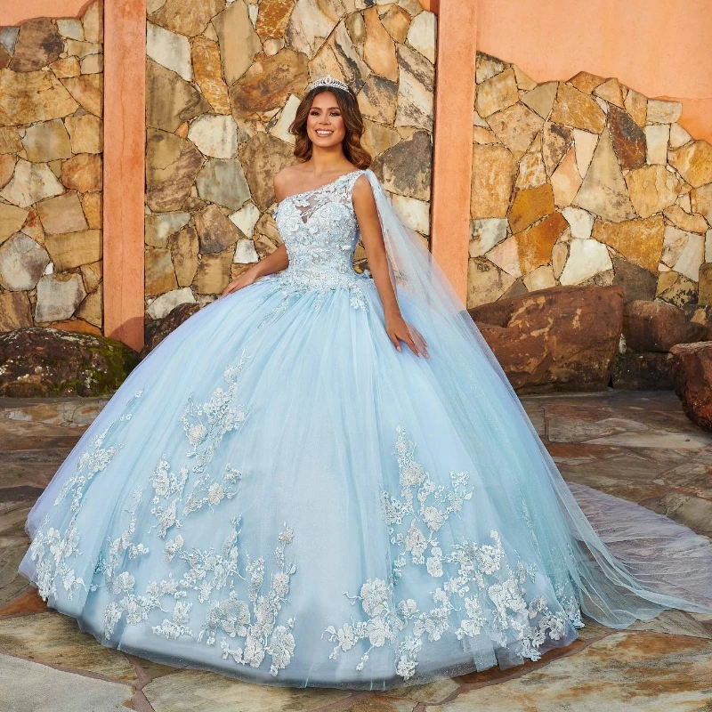 

Lorencia Quinceanera Dress Ball Gown One Shoulder 3D Flowers Lace Applique Beading With Cape Sweet 16 Vestidos De 15 Años YQD606