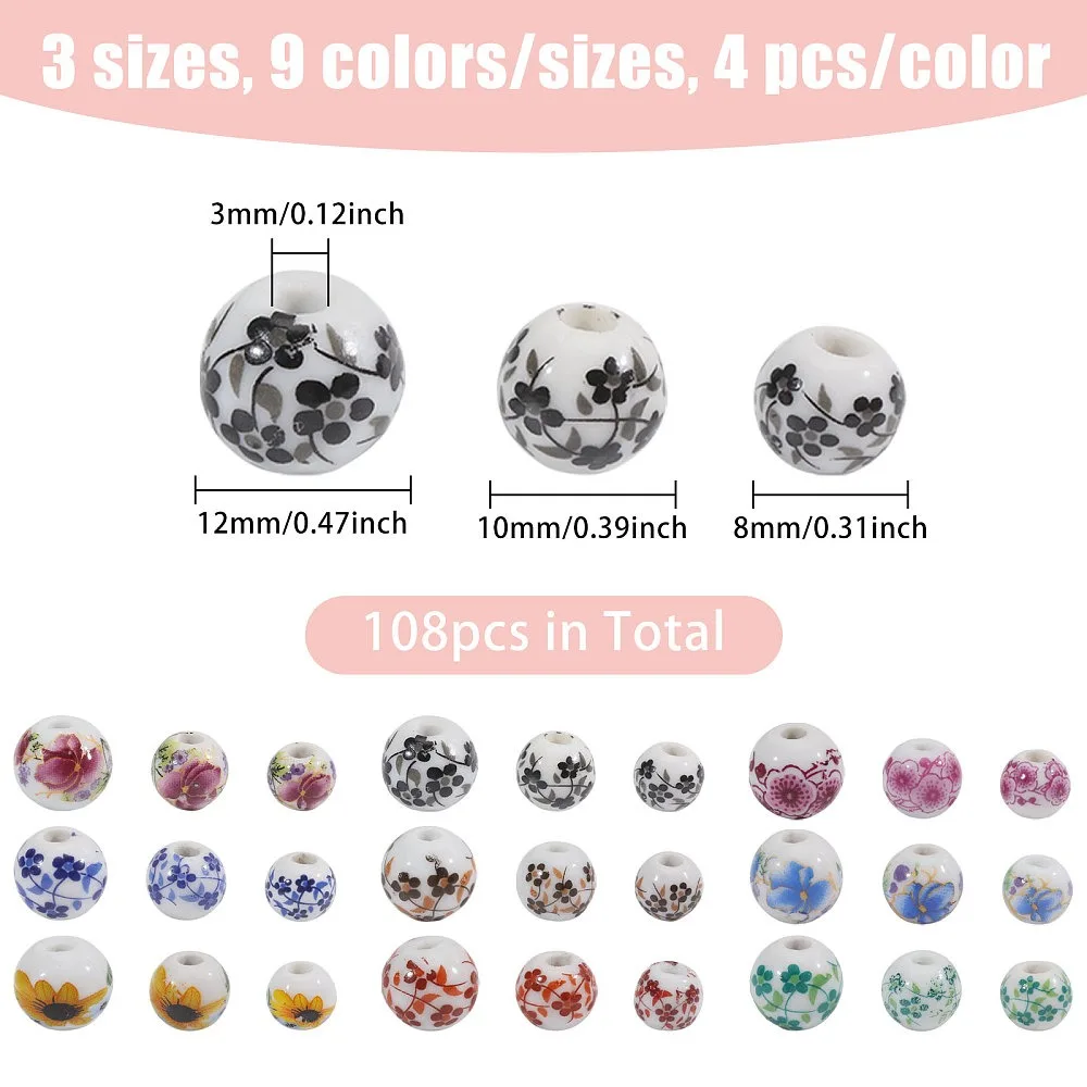 

108Pcs 27 Styles Printed Floral Printed Porcelain Beads Flower Patterned Ceramic Round Beads with Flower Pattern Mixed Color