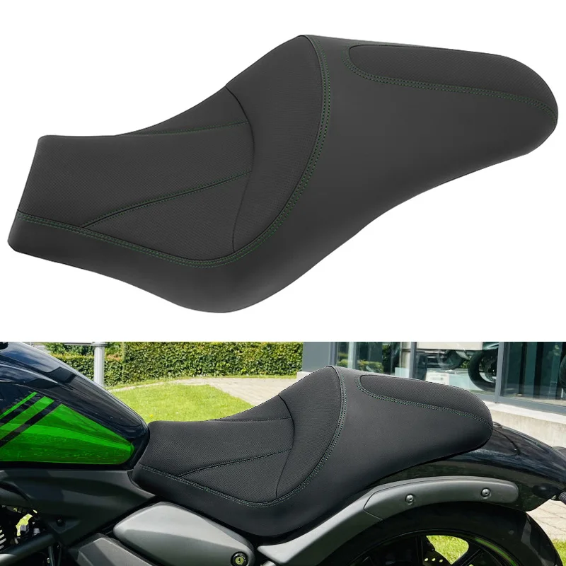 Motorcycle Two‑Up Seat Cushion PU Leather Green Stitch Comfort Saddle for Kawasaki Vulcan S650 VN650 EN650 2015-2026