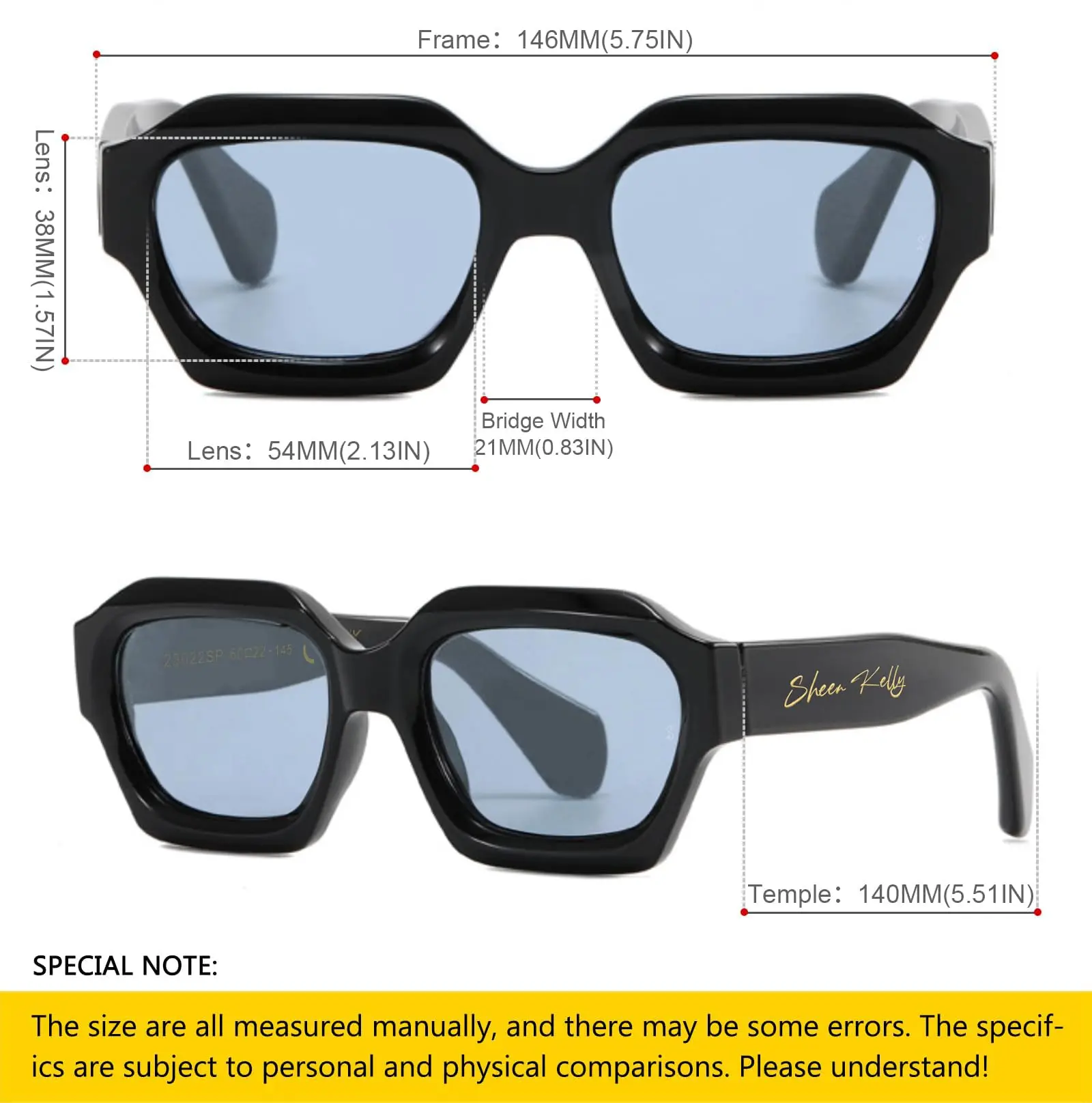 SHEEN KELLY Retro Sunglasses Hexagonal Thick Men Women Trendy Oversized Square Chunky Black Glasses 90s Dark