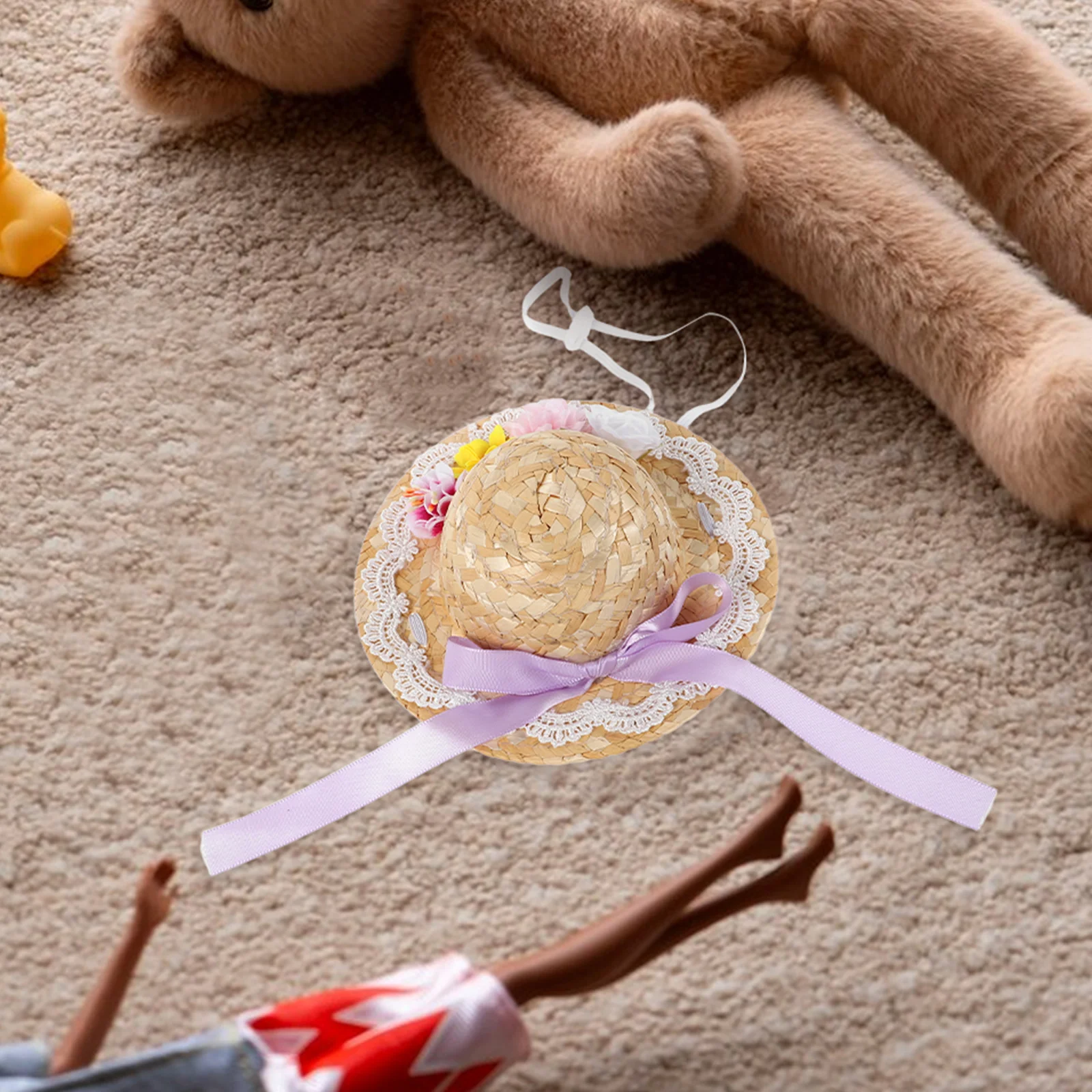 Mini chapéu de palha tecido com detalhes de flores, estilo boho, decoração pequena para exibição de casa, acessório exclusivo de fornecimento de artesanato