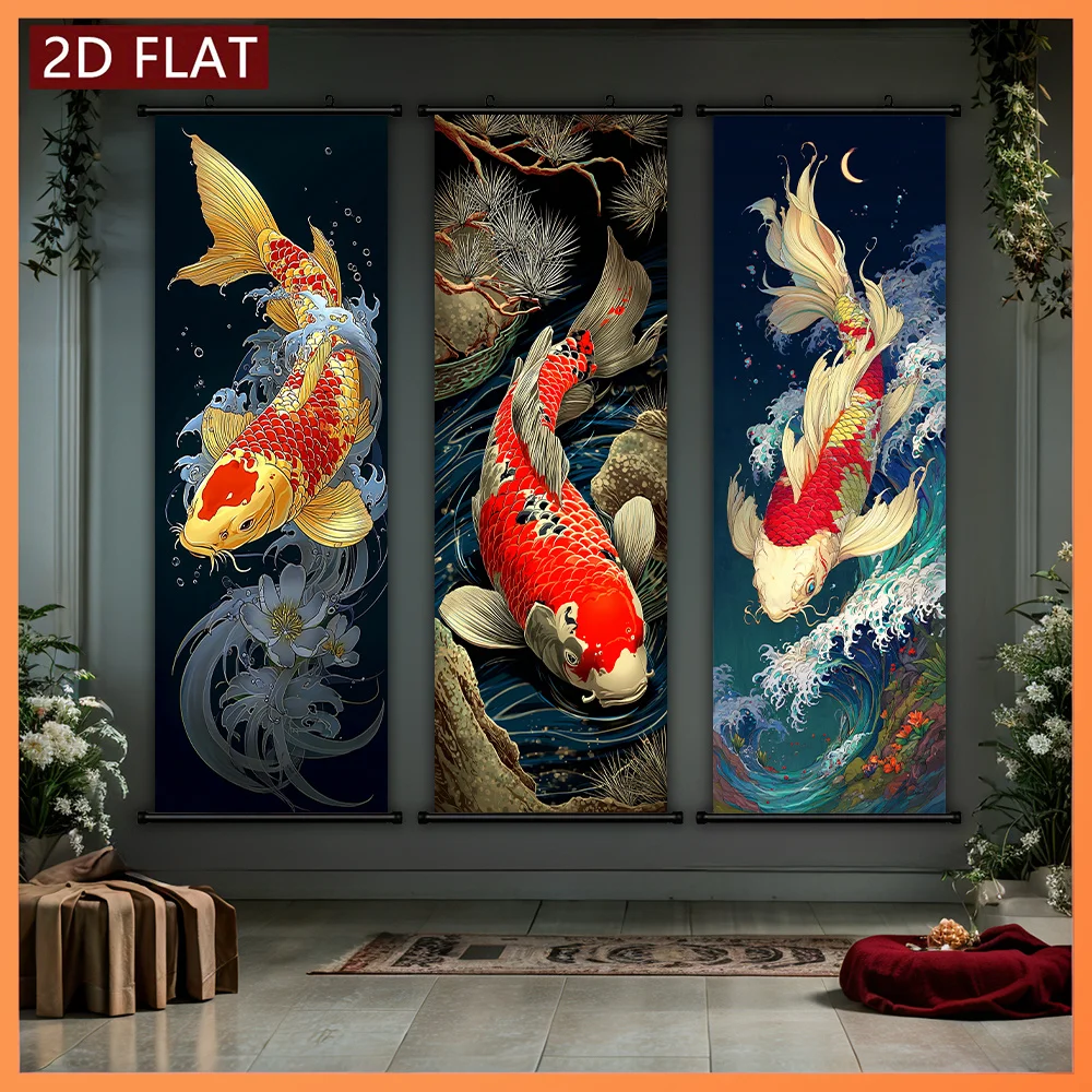 VIKAMA Japanese Koi Fish Red White Carp 3 Piece Wall Scroll Tapestry Set Pine Wave Wall Art Decor for Living Room
