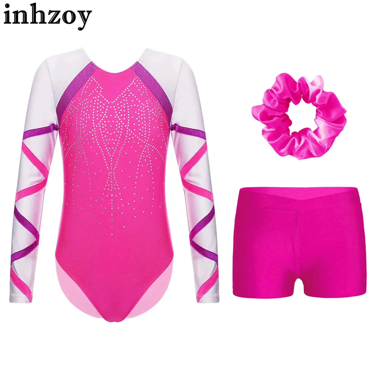 Girls Glittery Rhinestones Gymnastics Leotards Shorts Hair Band Outfit Ballet Figure Skating Performance Practice Dance Wear