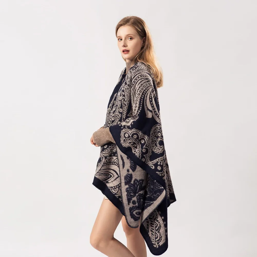 2024 New Women Autumn Winter Faux Cashmere Out Street Wear Mid-length Poncho Shawl Female Big Pendulum Loose Cloak Coat T514