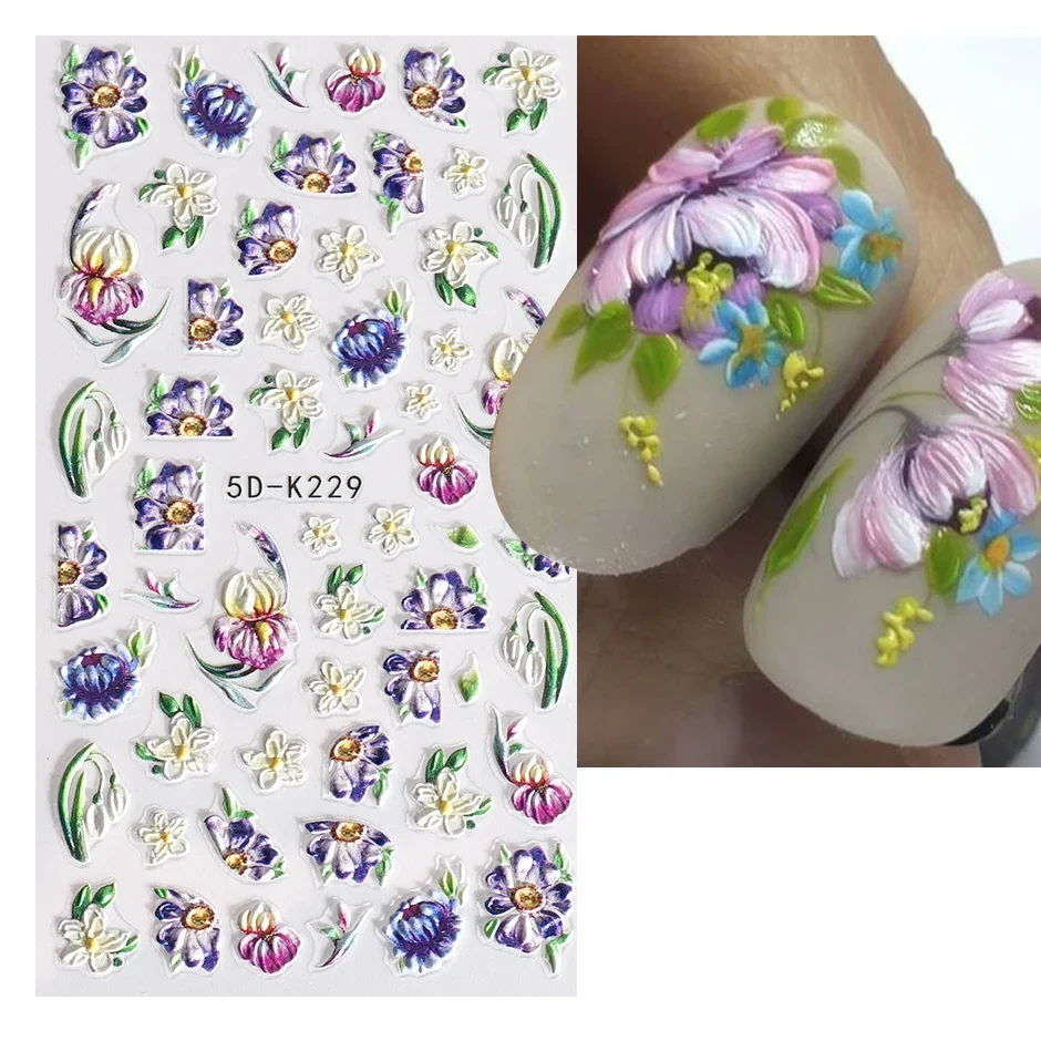 Pegatina de uñas con flor de Iris violeta en relieve 5D, diseño Floral púrpura, girasol, margarita, decoración de manicura, SA5D-K