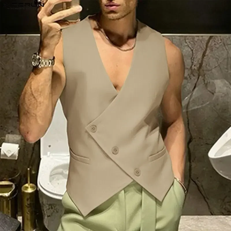 

INCERUN Men's Vests Solid Color V Neck Sleeveless Button Male Irregular Waistcoats Streetwear Fashion Casual Men Clothes Tops
